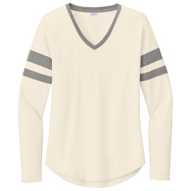 Sport-Tek LST6043 Ladies Halftime Stripe Long Sleeve V-Neck Tee - Vintage Heather/Ecru