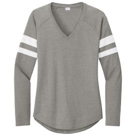 Sport-Tek LST6043 Ladies Halftime Stripe Long Sleeve V-Neck Tee - White/Vintage Heather