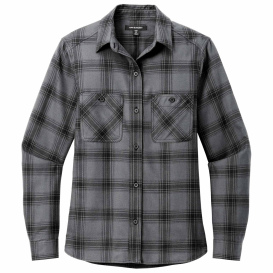 Port Authority LW669 Ladies Plaid Flannel Shirt - Grey/Black Open Plaid
