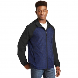 Sport-Tek JST40 Heather Colorblock Raglan Hooded Wind Jacket - True Royal Heather/Black