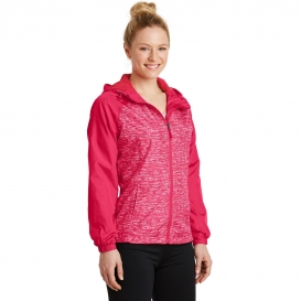 Sport-Tek LST40 Ladies Heather Colorblock Raglan Hooded Wind Jacket - Pink Raspberry Heather/Pink Raspberry