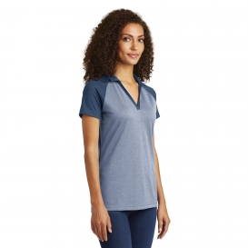 Sport-Tek LST641 Ladies PosiCharge RacerMesh Raglan Heather Block Polo - True Navy Heather/True Navy