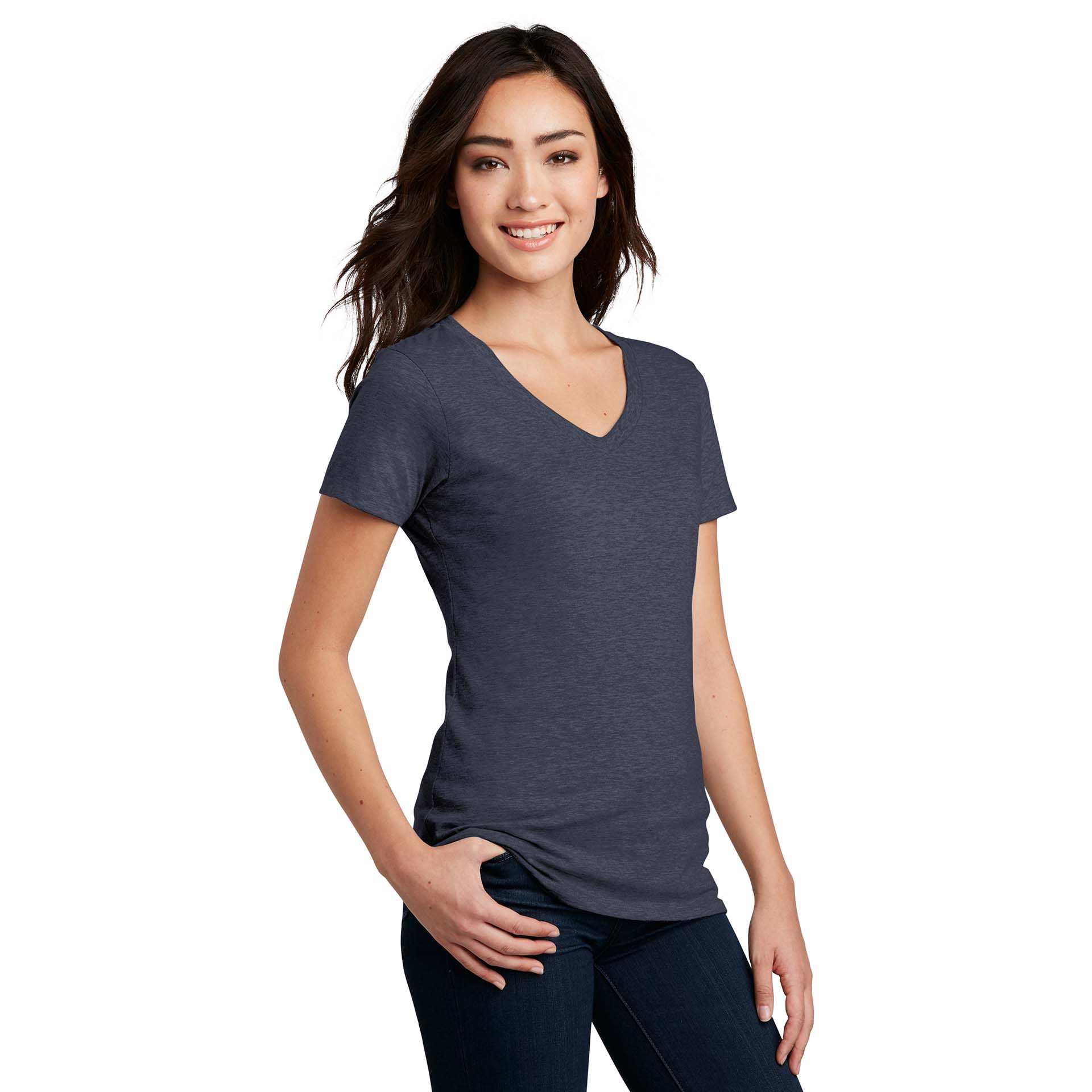 District DM1190L Women's Perfect Blend V-Neck Tee - Heathered Navy ...