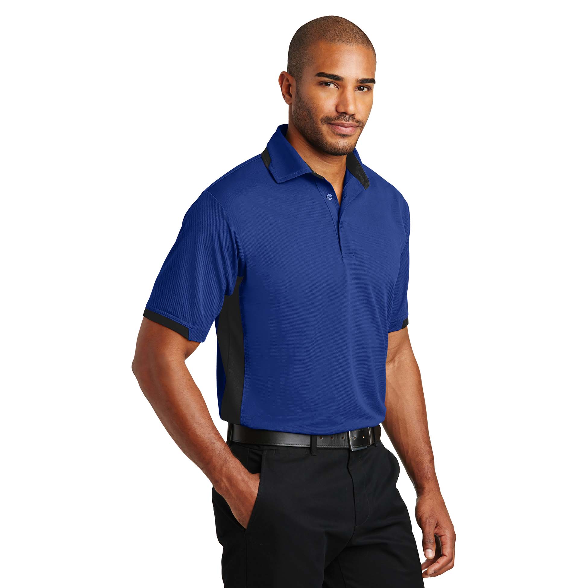 black and royal blue polo shirt