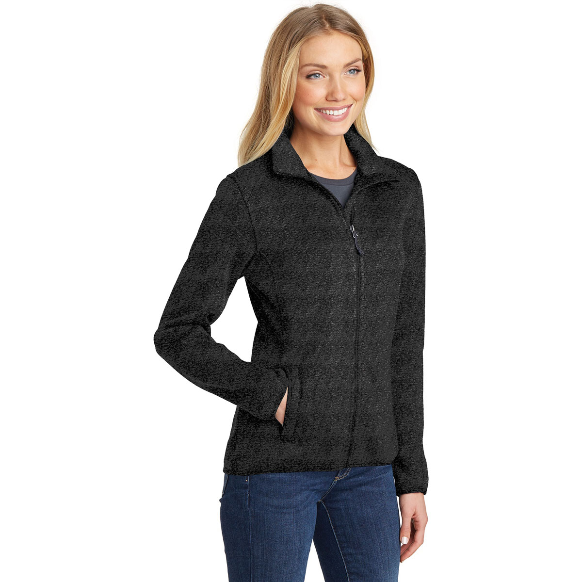 Port Authority L232 Ladies Sweater Fleece Jacket - Black Heather | Full ...