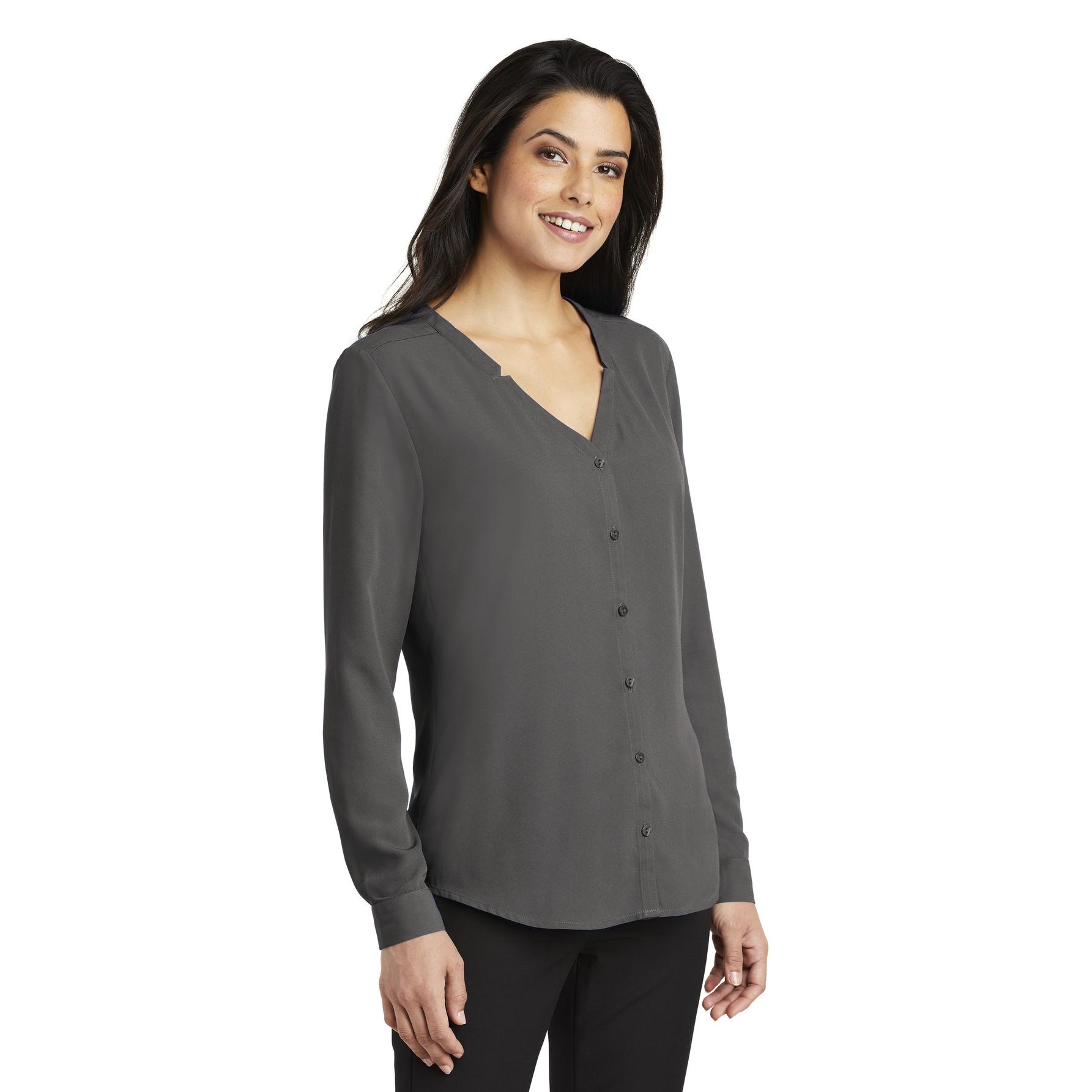 Port Authority LW700 Ladies Long Sleeve Button-Front Blouse - Sterling ...