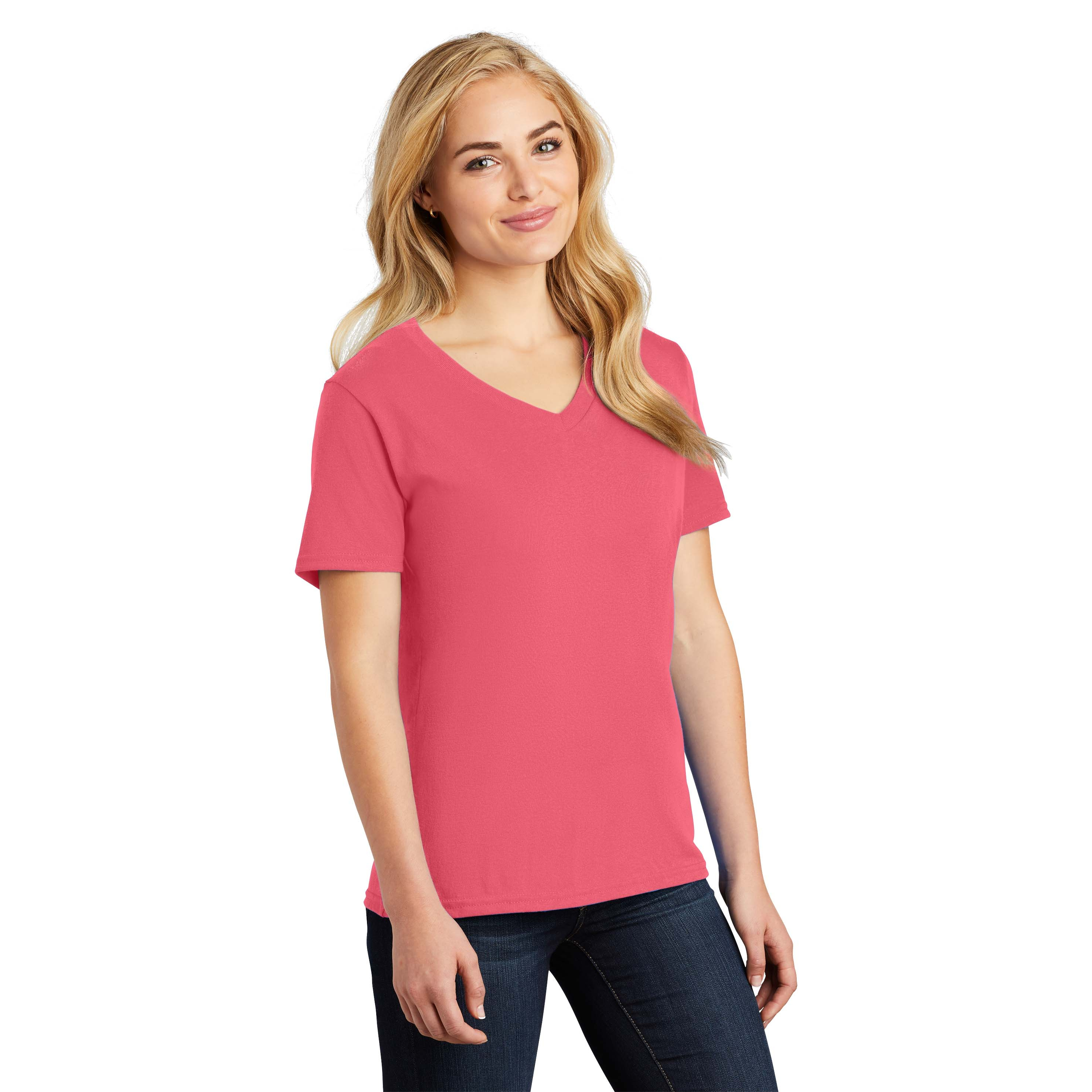 Port & Company LPC54V Ladies Core Cotton V-Neck Tee - Coral | Full Source