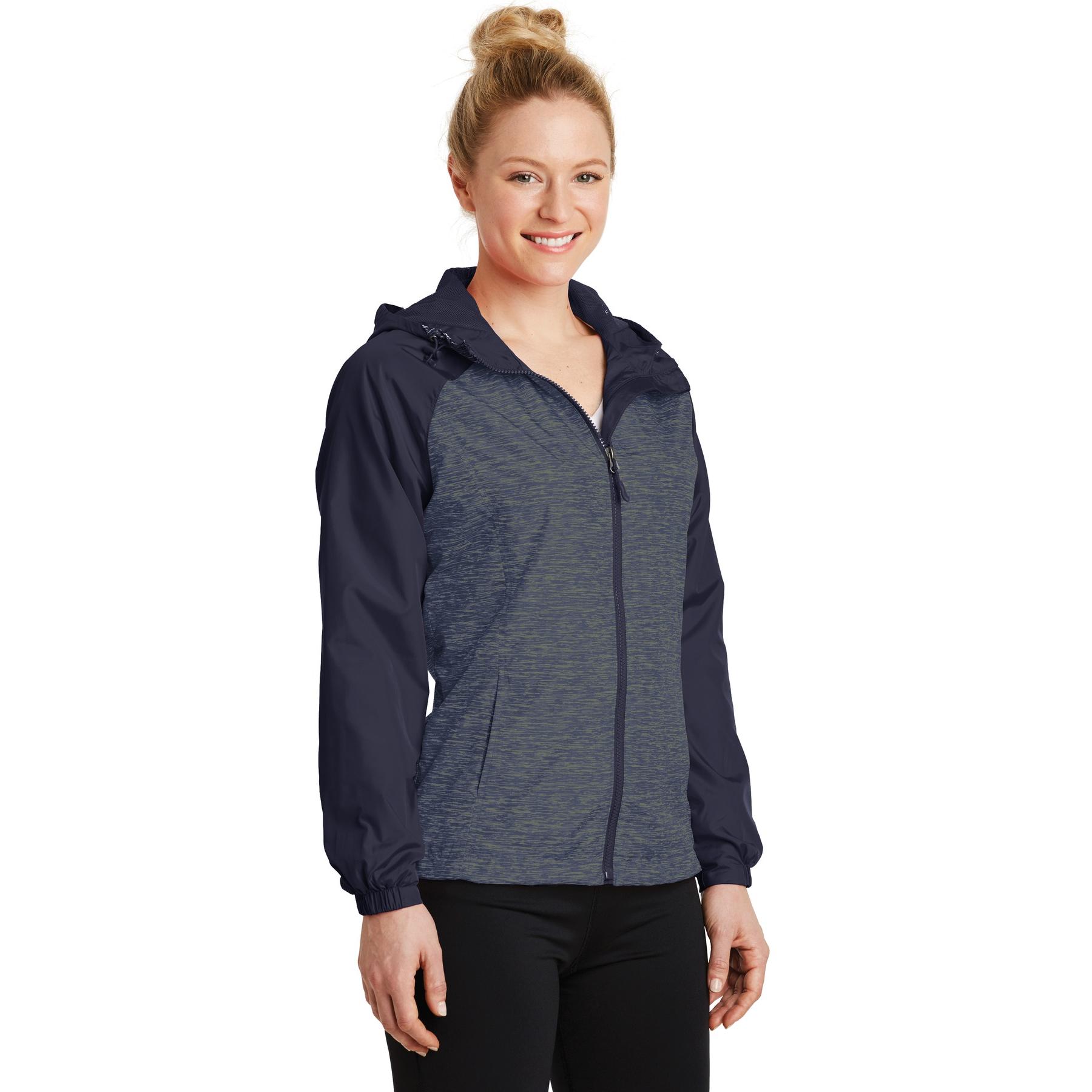 Sport-Tek LST40 Ladies Heather Colorblock Raglan Hooded Wind Jacket ...