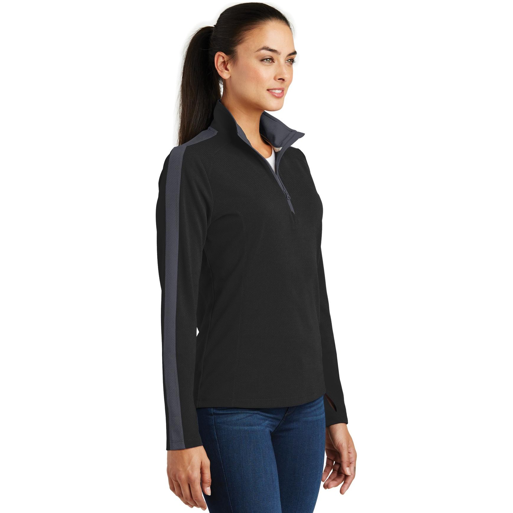 Sport-Tek LST861 Ladies Sport-Wick Textured Colorblock 1/4-Zip Pullover - Black/Iron Grey 