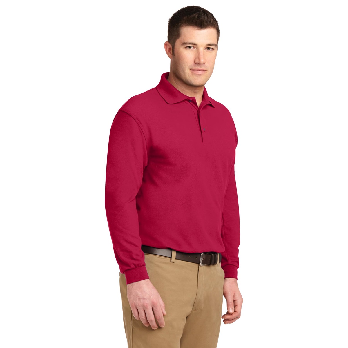 red polo with khaki pants