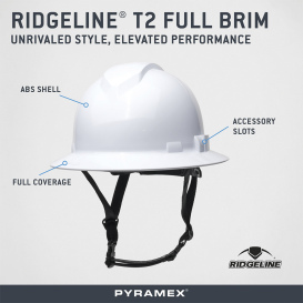 Pyramex HPT256110 Ridgeline T2 Full Brim Hard Hat - 6-Point Ratchet Suspension - White