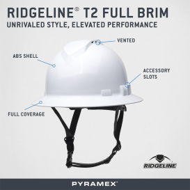 Pyramex HPT256110V Ridgeline T2 Vented Full Brim Hard Hat - 6-Point Ratchet Suspension - White