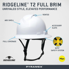 Pyramex HPT256110VM Ridgeline T2 Vented Full Brim Hard Hat with MIPS - 6 Point Suspension - White