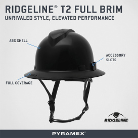 Pyramex HPT256111 Ridgeline T2 Full Brim Hard Hat - 6-Point Ratchet Suspension - Black