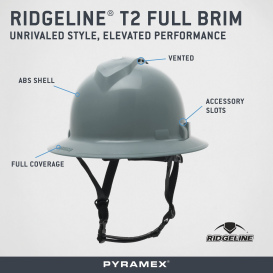 Pyramex HPT256113V Ridgeline T2 Vented Full Brim Hard Hat - 6-Point Ratchet Suspension - Slate Gray
