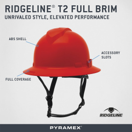 Pyramex HPT256120 Ridgeline T2 Full Brim Hard Hat - 6-Point Ratchet Suspension - Red
