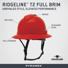 Pyramex HPT256120V Ridgeline T2 Vented Full Brim Hard Hat - 6-Point Ratchet Suspension - Red
