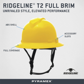 Pyramex HPT256130 Ridgeline T2 Full Brim Hard Hat - 6-Point Ratchet Suspension - Yellow