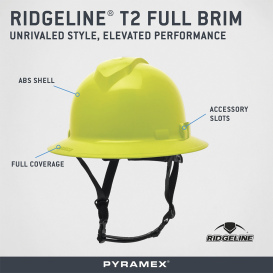 Pyramex HPT256131 Ridgeline T2 Full Brim Hard Hat - 6-Point Ratchet Suspension - Hi-Vis Lime