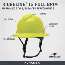 Pyramex HPT256131V Ridgeline T2 Vented Full Brim Hard Hat - 6-Point Ratchet Suspension - Hi-Vis Lime