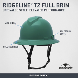 Pyramex HPT256135 Ridgeline T2 Full Brim Hard Hat - 6-Point Ratchet Suspension - Green