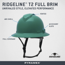 Pyramex HPT256135V Ridgeline T2 Vented Full Brim Hard Hat - 6-Point Ratchet Suspension - Green