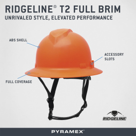 Pyramex HPT256141 Ridgeline T2 Full Brim Hard Hat - 6-Point Ratchet Suspension - Hi-Vis Orange