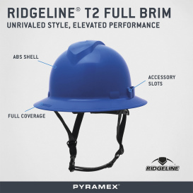 Pyramex HPT256160 Ridgeline T2 Full Brim Hard Hat - 6-Point Ratchet Suspension - Blue
