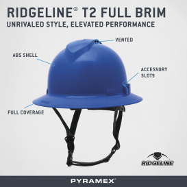 Pyramex HPT256160V Ridgeline T2 Vented Full Brim Hard Hat - 6-Point Ratchet Suspension - Blue