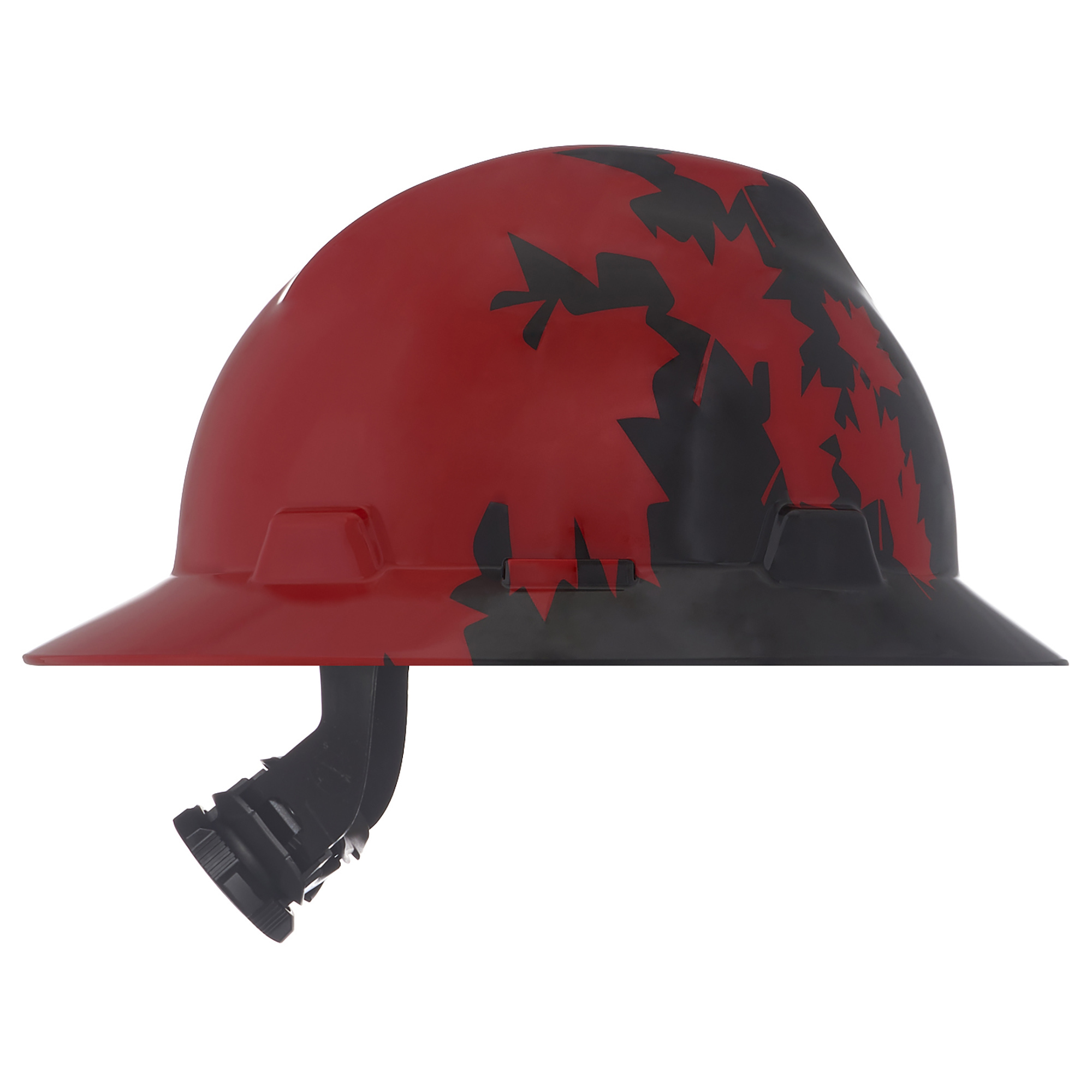 Msa 10082235 V-Gard Hard Hat Front Brim With Ratchet Suspension, Standard, Black W/ Red Maple Leaf