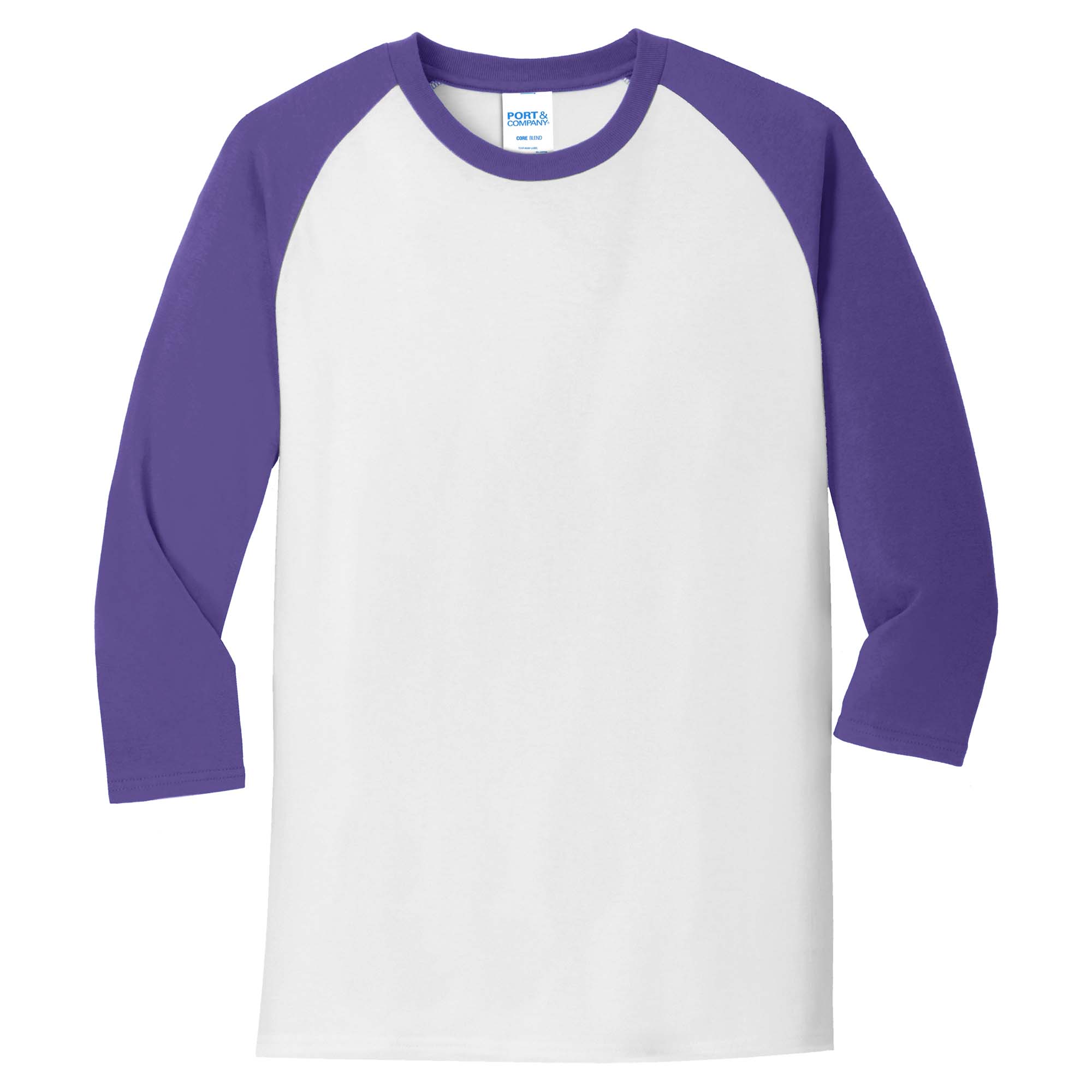 purple and white raglan shirt