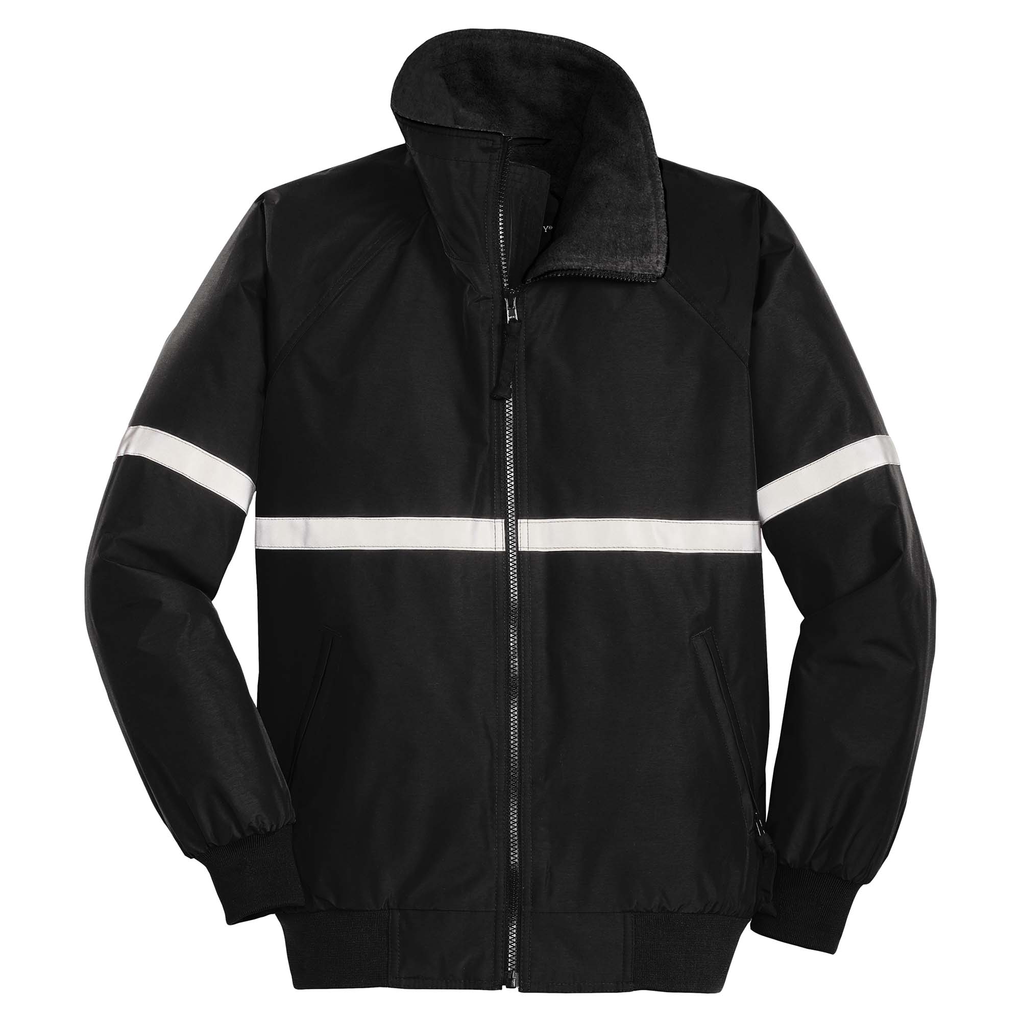 black jacket with reflective stripes