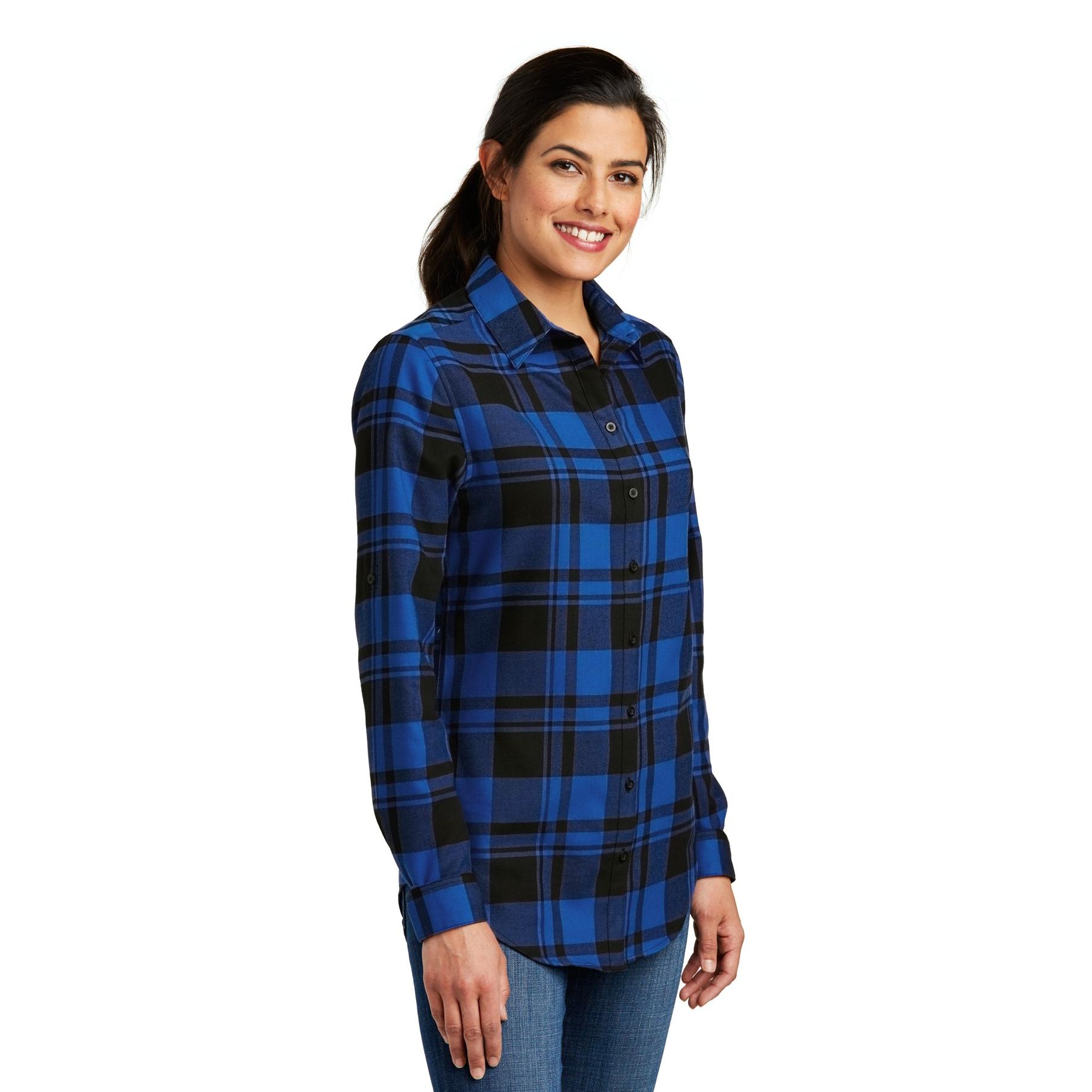 Port Authority LW668 Ladies Plaid Flannel Shirt - Royal/Black | Full Source