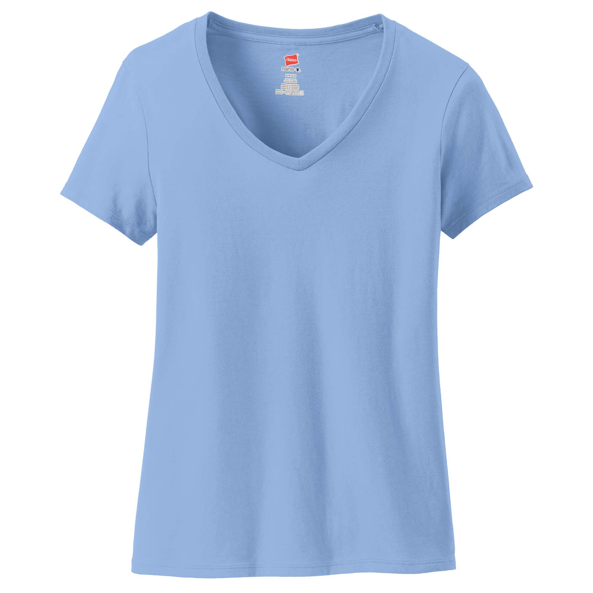 Hanes S04V Ladies Nano-T Cotton V-Neck T-Shirt - Light Blue ...