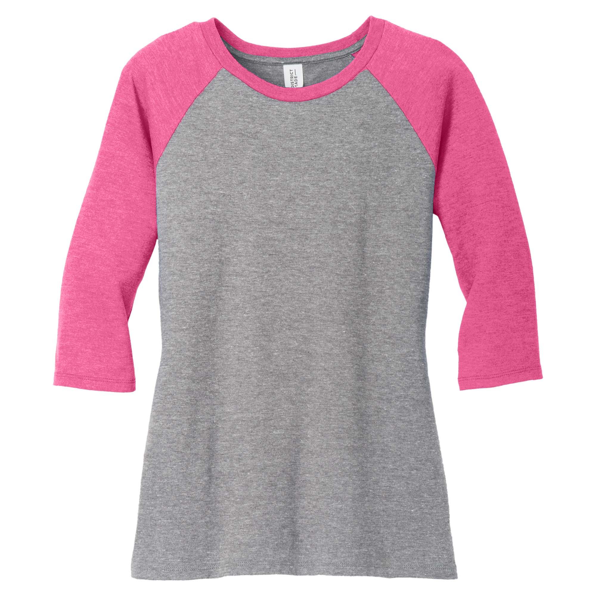 District Dm136l Womens Perfect Tri 3 4 Sleeve Raglan Fuchsia Frost