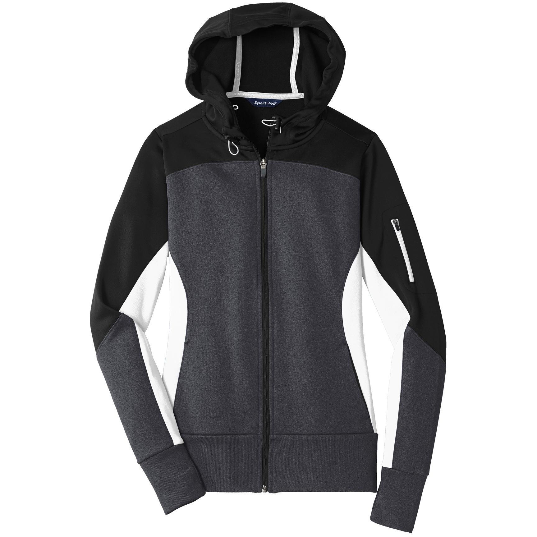 Sport Tek LST245 Ladies Tech Fleece Colorblock Full Zip Hooded Jacket Black Graphite Heather White Full Source