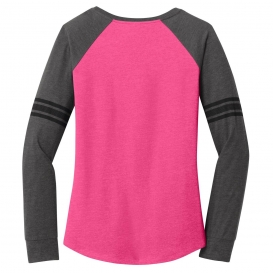 District DM477 Women\'s Game Long Sleeve V-Neck Tee - Heathered Dark Fuchsia/Heathered Charcoal/Black
