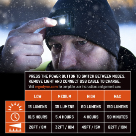 Ergodyne N-Ferno 6801 Winter Skull Cap with LED Rechargable Light - Black