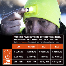 Ergodyne N-Ferno 6801 Winter Skull Cap with LED Rechargable Light - Lime