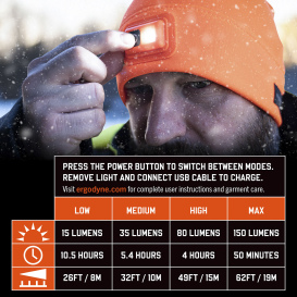 Ergodyne N-Ferno 6801 Winter Skull Cap with LED Rechargable Light - Orange
