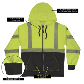 Ergodyne GloWear 8318BK Type R Class 3 Performance Black Bottom Zipper Hooded Sweatshirt - Lime
