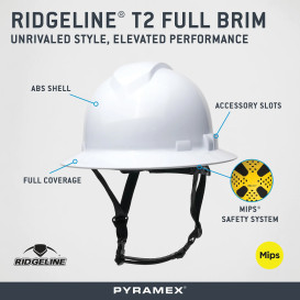Pyramex HPT256110M Ridgeline T2 Full Brim Hard Hat with MIPS - 6 Point Suspension - White