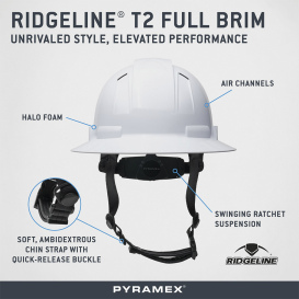 Pyramex HPT256110V Ridgeline T2 Vented Full Brim Hard Hat - 6-Point Ratchet Suspension - White