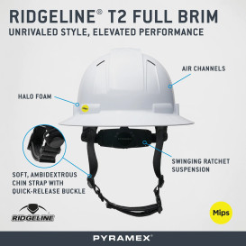 Pyramex HPT256110VM Ridgeline T2 Vented Full Brim Hard Hat with MIPS - 6 Point Suspension - White