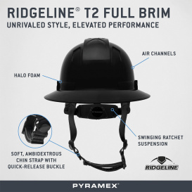 Pyramex HPT256111 Ridgeline T2 Full Brim Hard Hat - 6-Point Ratchet Suspension - Black