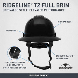 Pyramex HPT256111V Ridgeline T2 Vented Full Brim Hard Hat - 6-Point Ratchet Suspension - Black