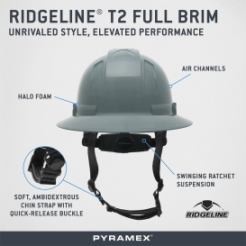 Pyramex HPT256113 Ridgeline T2 Full Brim Hard Hat - 6-Point Ratchet Suspension - Slate Gray