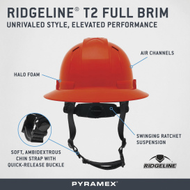 Pyramex HPT256120V Ridgeline T2 Vented Full Brim Hard Hat - 6-Point Ratchet Suspension - Red