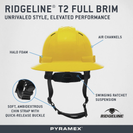 Pyramex HPT256130V Ridgeline T2 Vented Full Brim Hard Hat - 6-Point Ratchet Suspension - Yellow