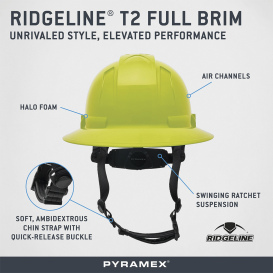 Pyramex HPT256131 Ridgeline T2 Full Brim Hard Hat - 6-Point Ratchet Suspension - Hi-Vis Lime